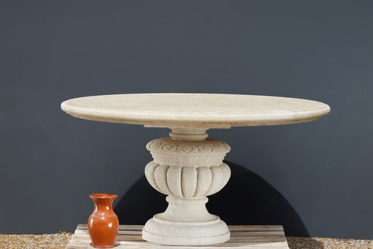 Hand Carved French Hard Limestone Round Table with a Gadrooned Base