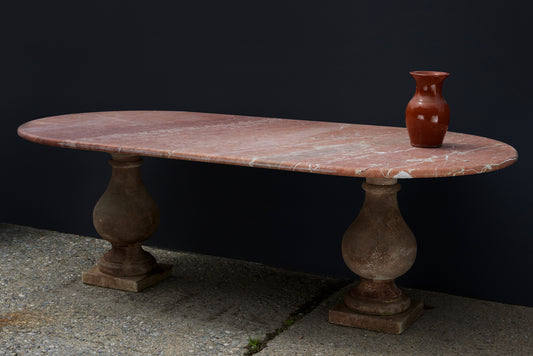 Large Red French Marble Oval Top Baluster Base French Table