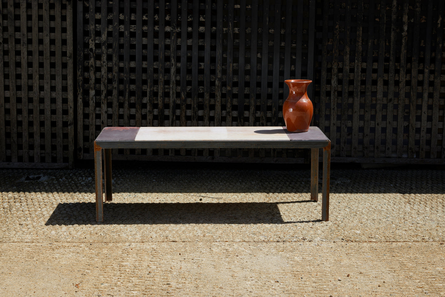 Large Multi Part Limestone and Marble Top Coffee Table with Iron Base