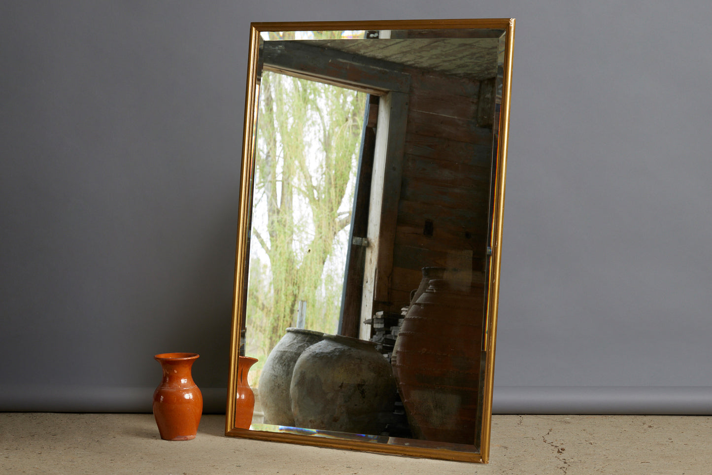 Large Mirror with Simple Gold Leaf Frame with Beveled Glass