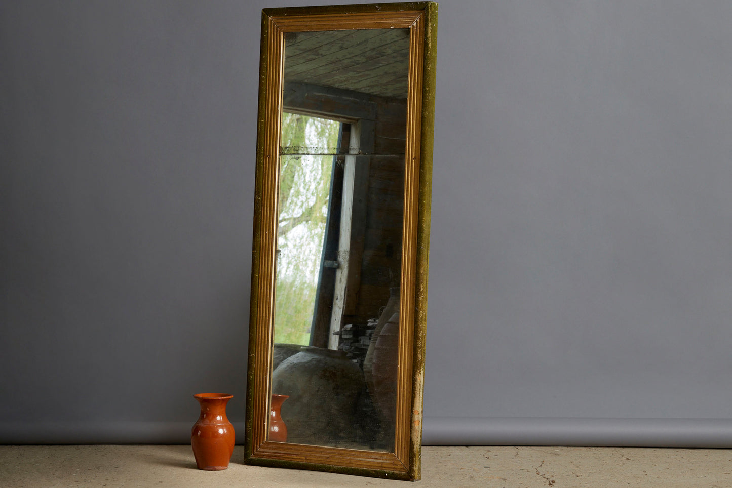 19th Century Two Part French Mirror with Green Velvet Frame
