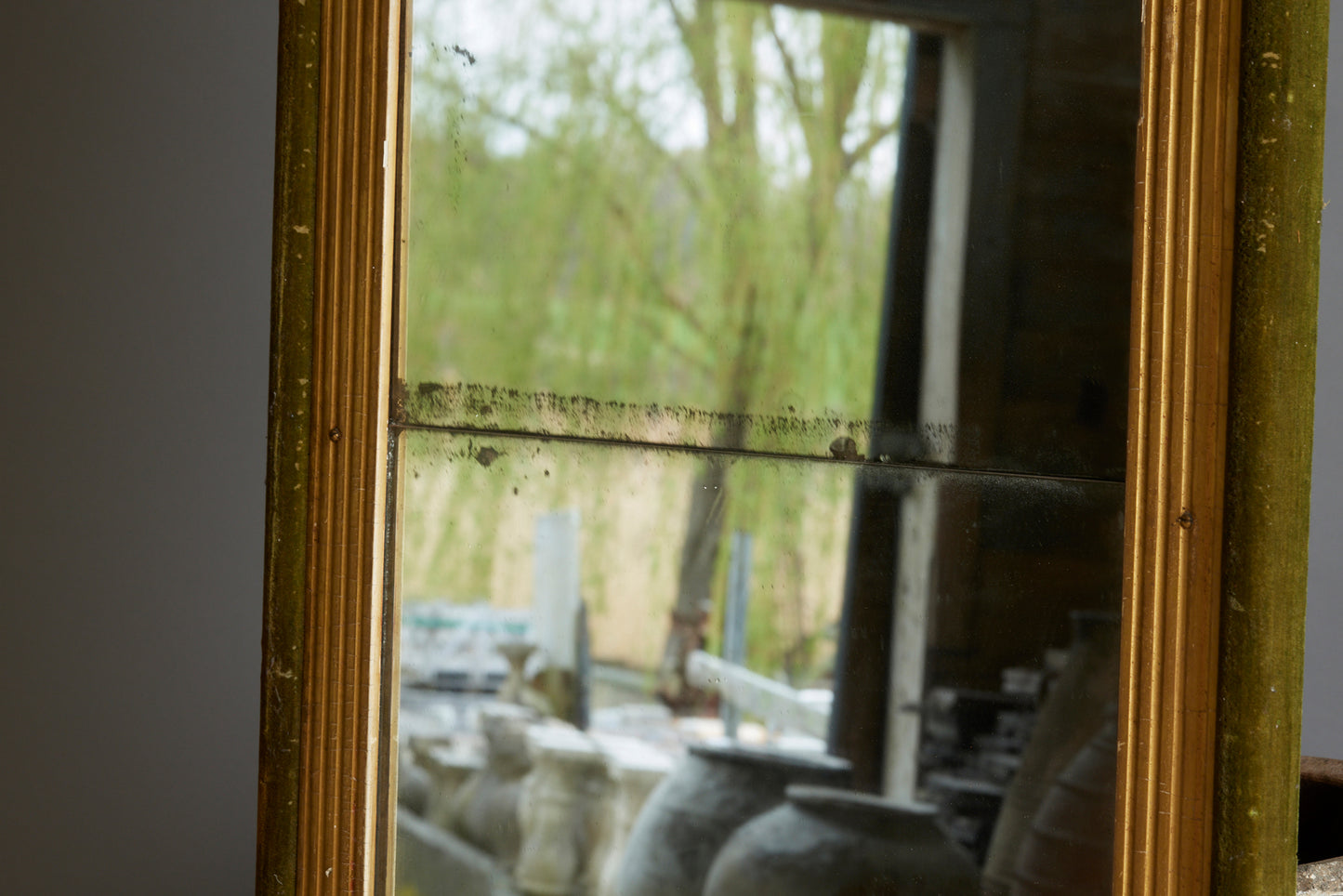 19th Century Two Part French Mirror with Green Velvet Frame