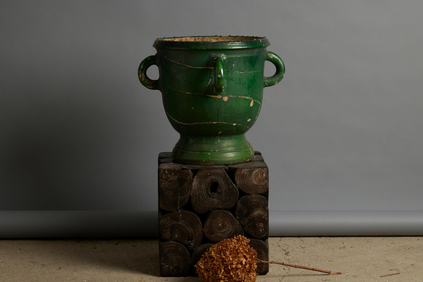 18th Century French Provencal Green Glazed Urn with 4 Handles