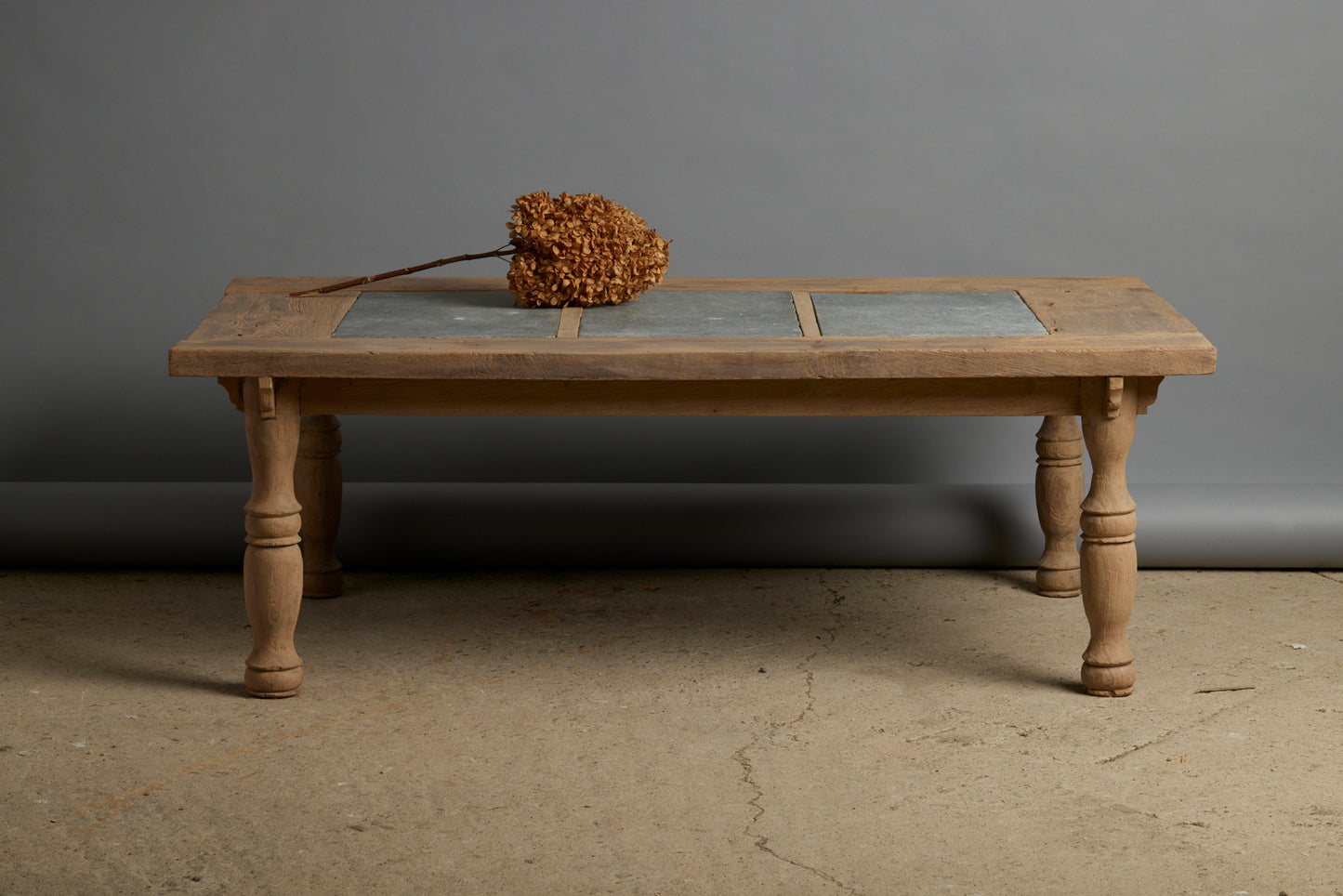 Teak Coffee Table with Three 17th Century Belgian Bluestone Panels
