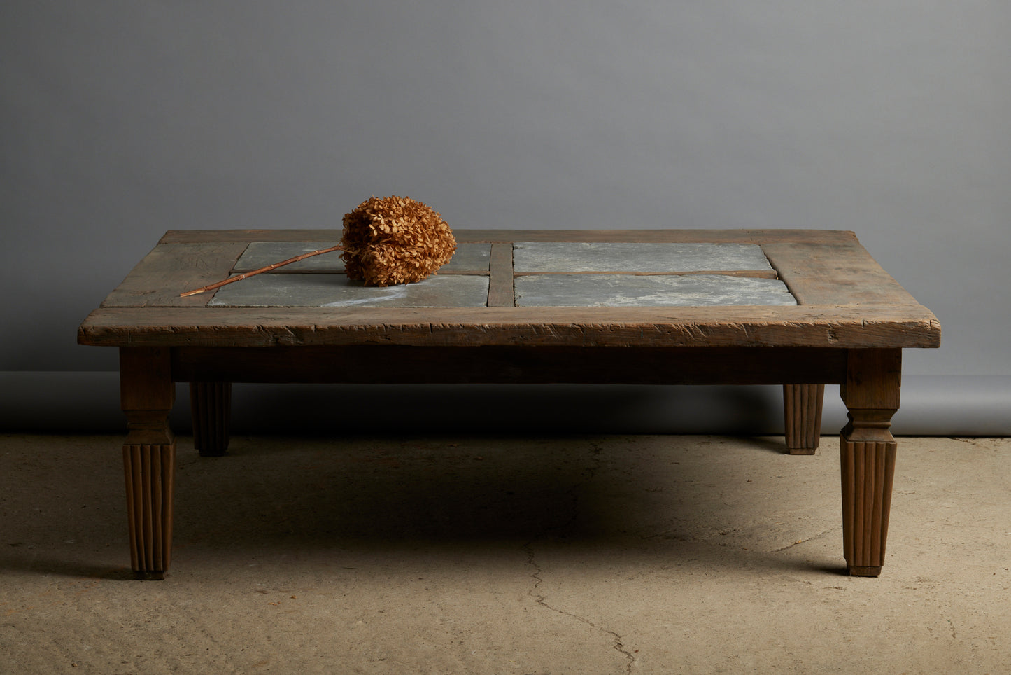 Large Teak Coffee Table with Four 17th Century Belgian Bluestone Panels