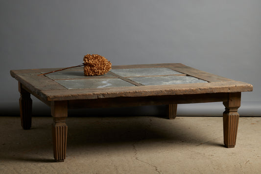 Large Teak Coffee Table with Four 17th Century Belgian Bluestone Panels