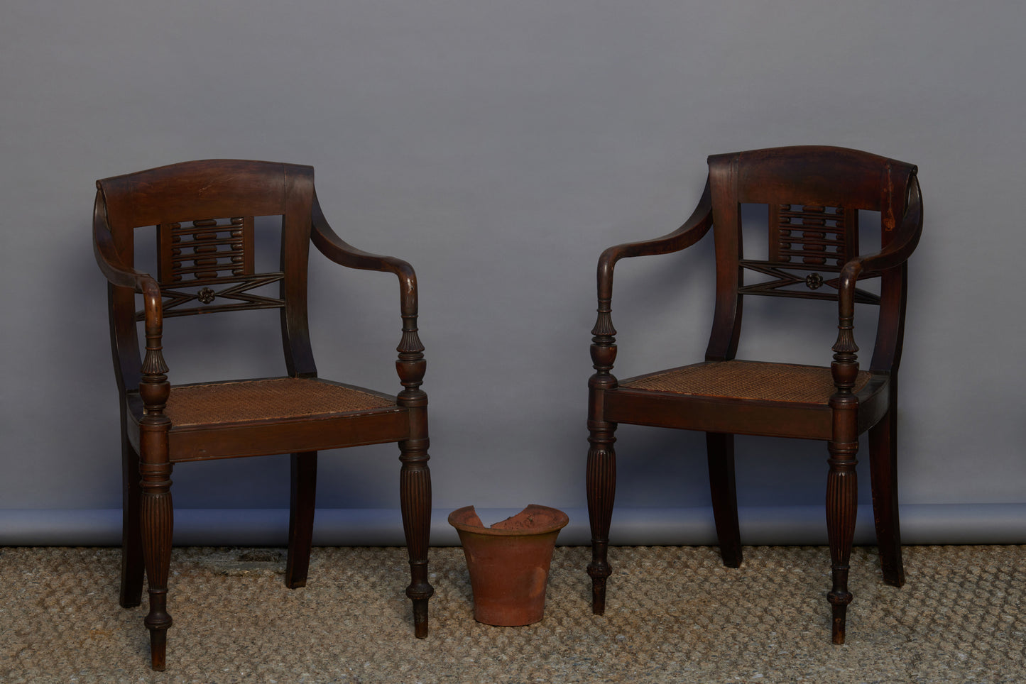 Pair of Rare 19th C. Teak & Rattan Ladder-back Raffles Chairs