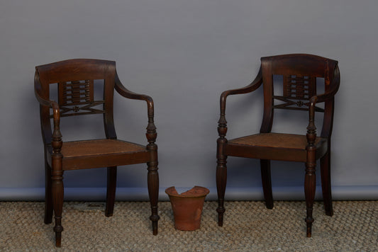 Pair of Rare 19th C. Teak & Rattan Ladder-back Raffles Chairs