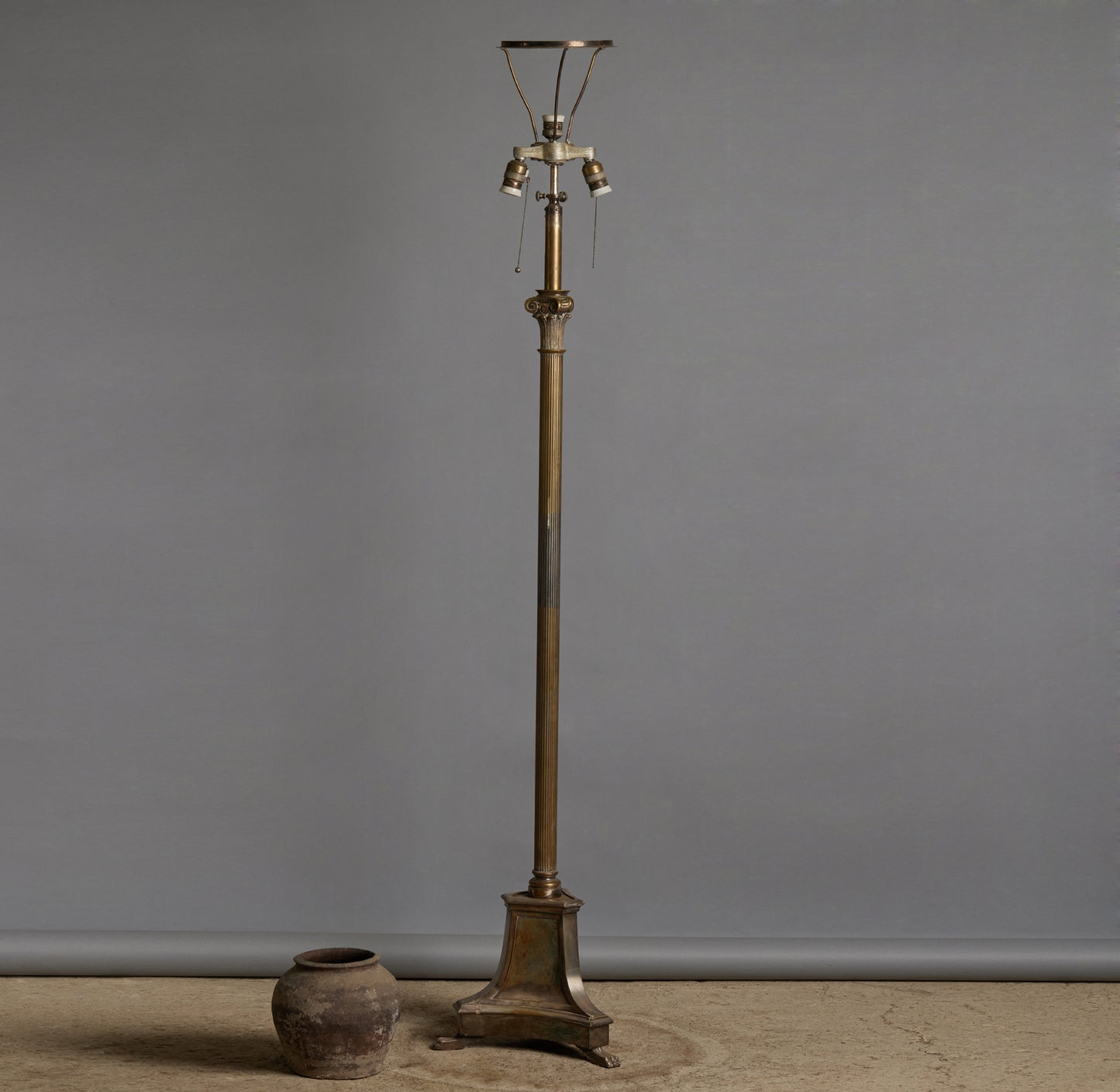 Worn Silver Plated Spanish Adjustable Floor Lamp with Corinthian Capitol