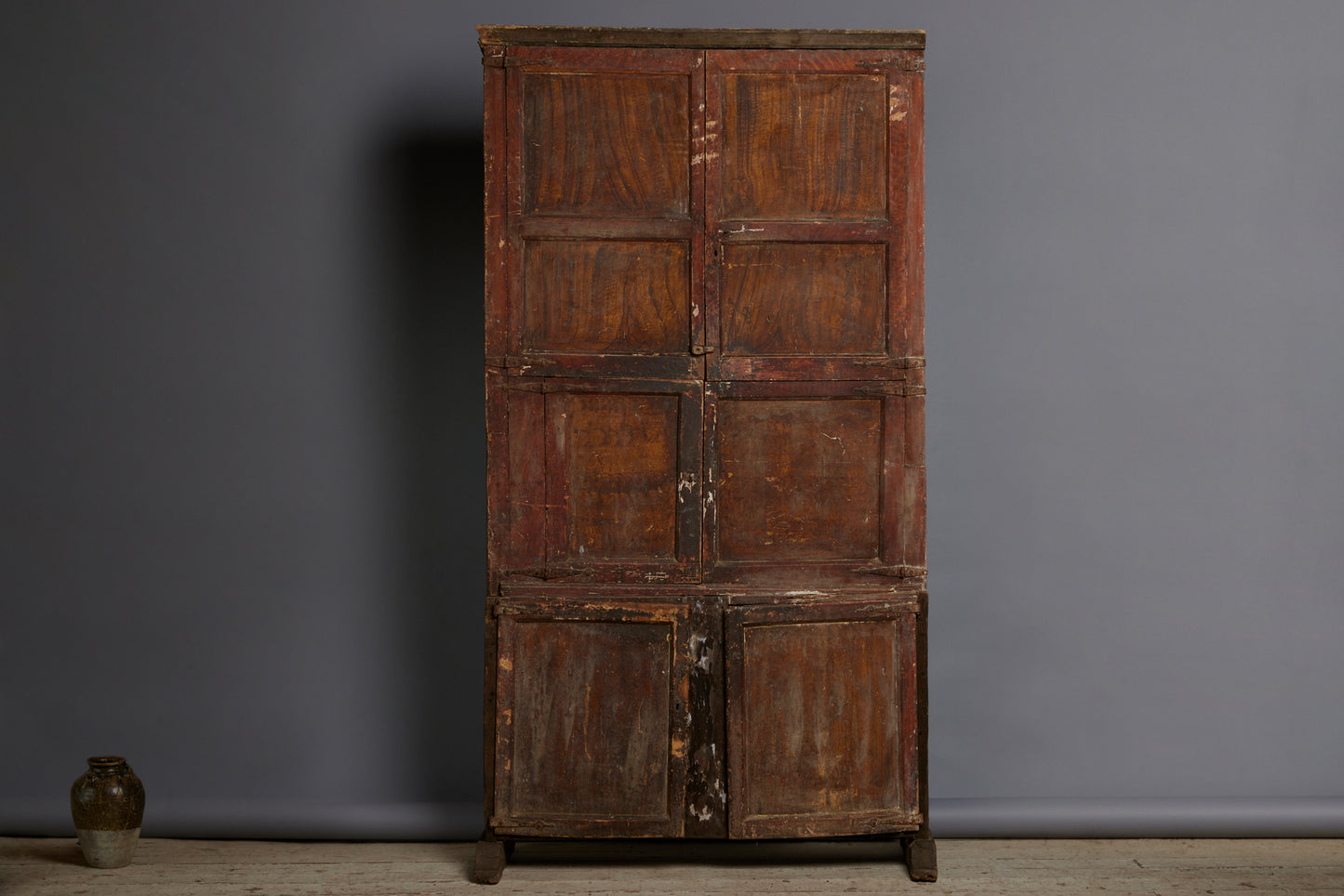 17th Century Spanish 6 Door Monastery Cabinet on Shoe Feet with Faux Bois Painted Finish