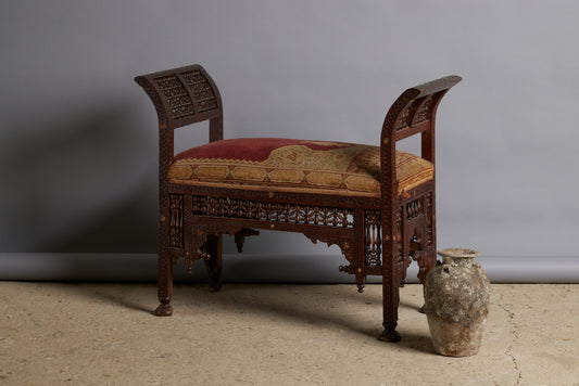 19th Century Syrian Side Bench with Jali Fretwork & Bone Inlay