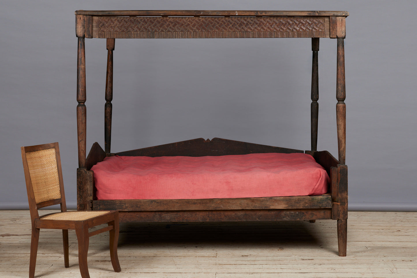 19th Cent. Javanese Canopy Teak Bed with Carved Valance from Jakarta