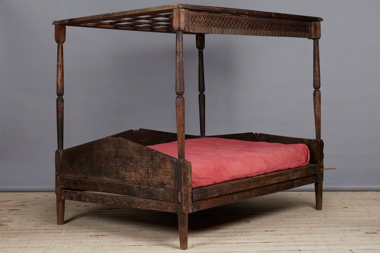 19th Cent. Javanese Canopy Teak Bed with Carved Valance from Jakarta