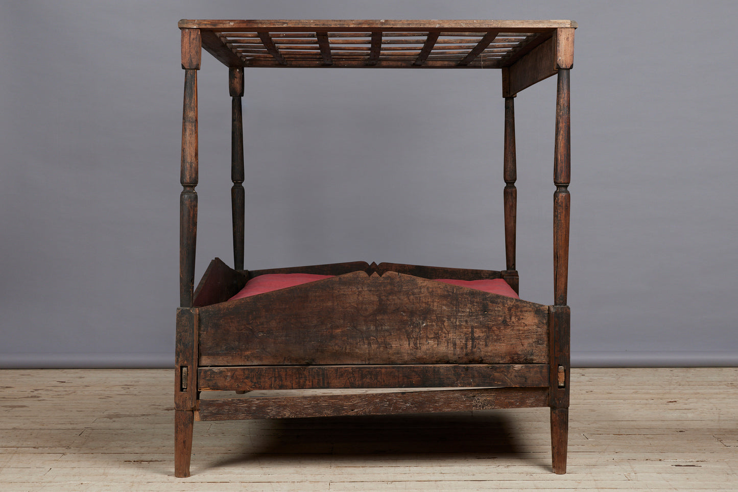 19th Cent. Javanese Canopy Teak Bed with Carved Valance from Jakarta