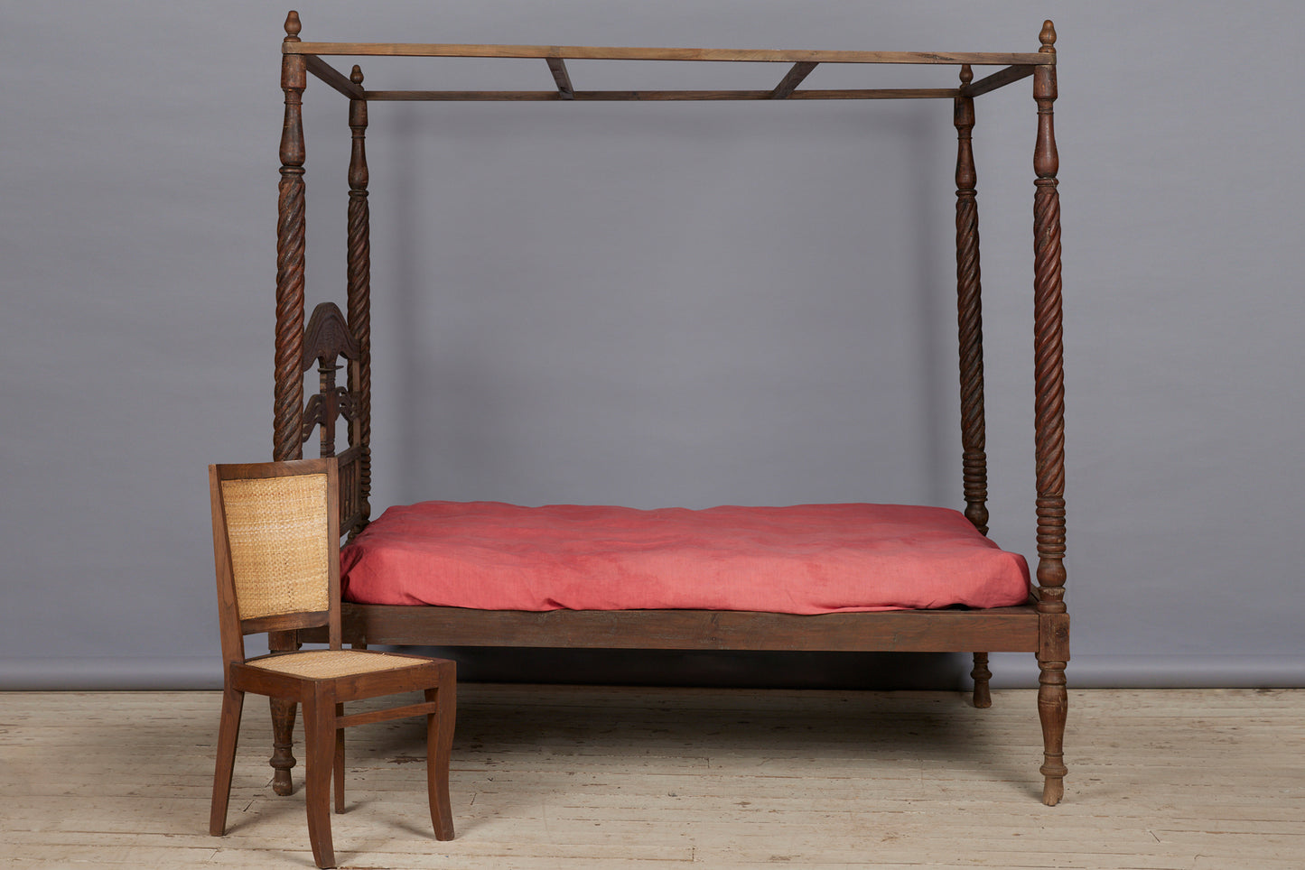 Dutch Colonial Queen Size Carved and Turned Teak Canopy Bed