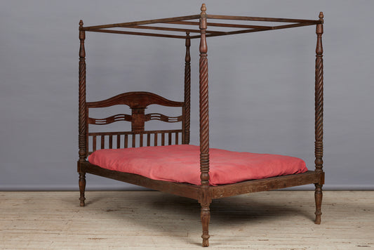 Dutch Colonial Queen Size Carved and Turned Teak Canopy Bed