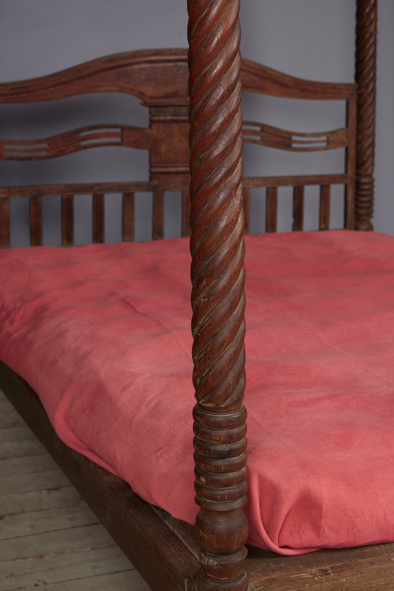 Dutch Colonial Queen Size Carved and Turned Teak Canopy Bed