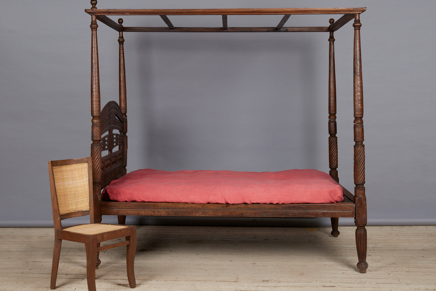 19th Cent. Queen Size Dutch Colonial Teak Canopy Bed from Batavia