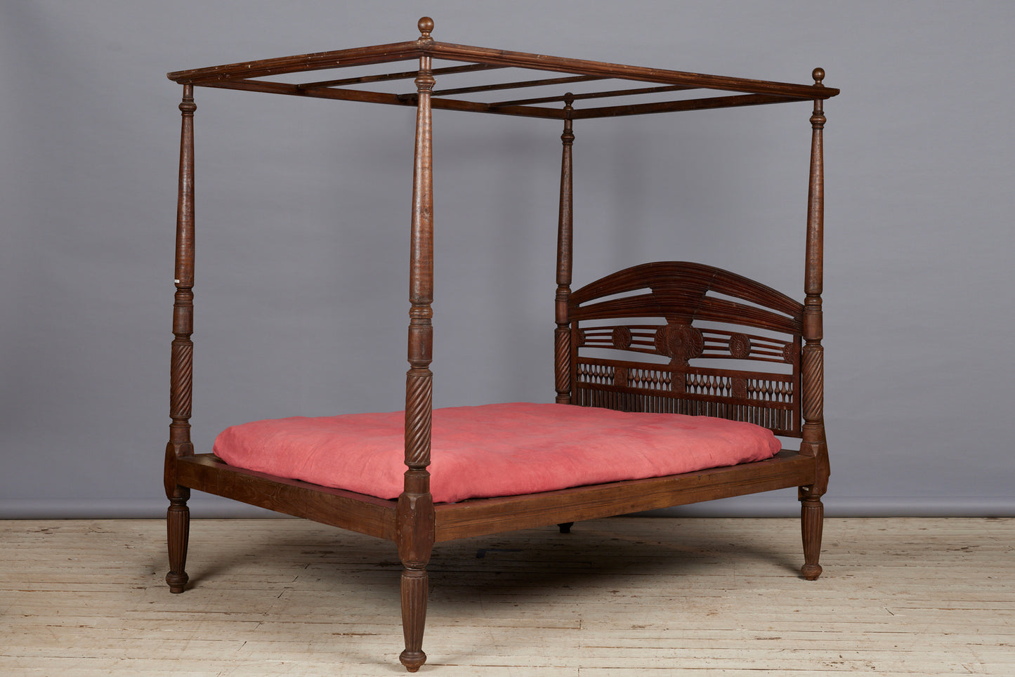 19th Cent. Queen Size Dutch Colonial Teak Canopy Bed from Batavia
