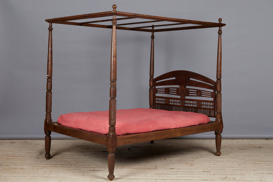 19th Cent. Queen Size Dutch Colonial Teak Canopy Bed from Batavia