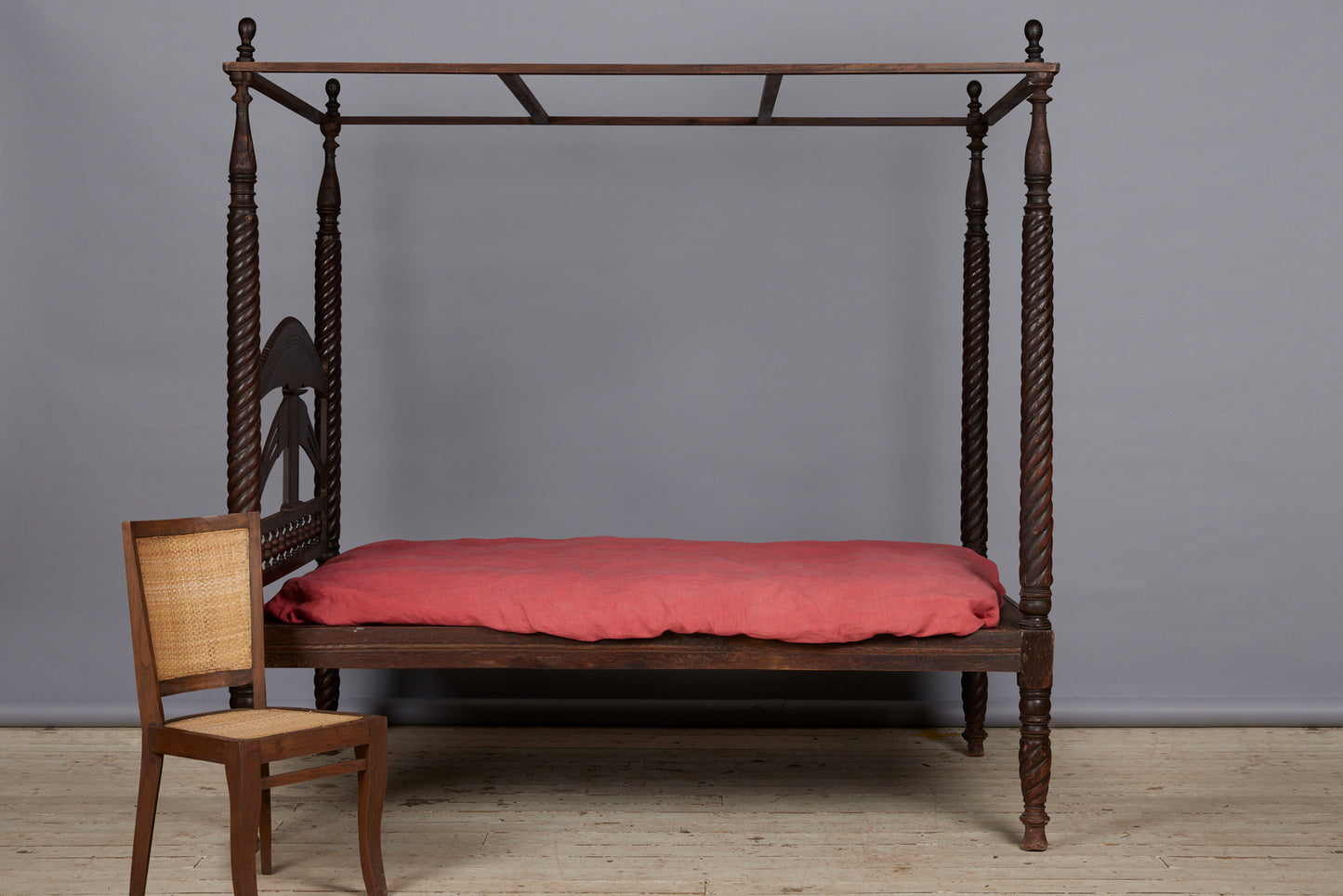 Third Quarter 19th Cent. Tall Four Poster Twisted Column Dutch Colonial Teak Bed from Jakarta