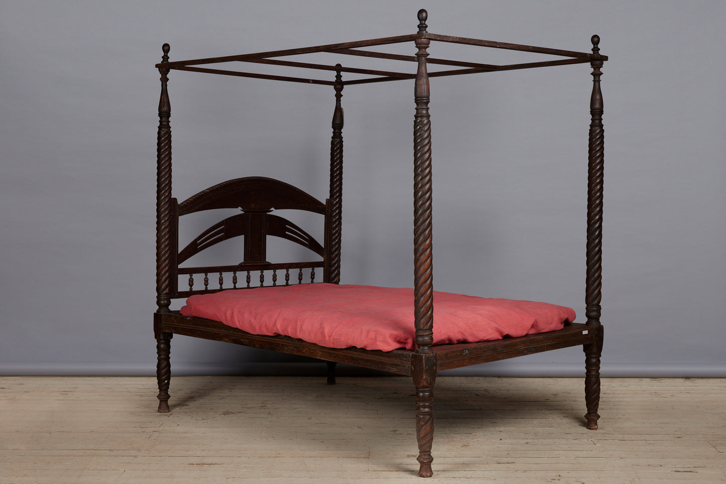 Third Quarter 19th Cent. Tall Four Poster Twisted Column Dutch Colonial Teak Bed from Jakarta