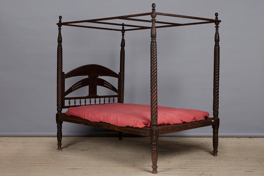 Third Quarter 19th Cent. Tall Four Poster Twisted Column Dutch Colonial Teak Bed from Jakarta