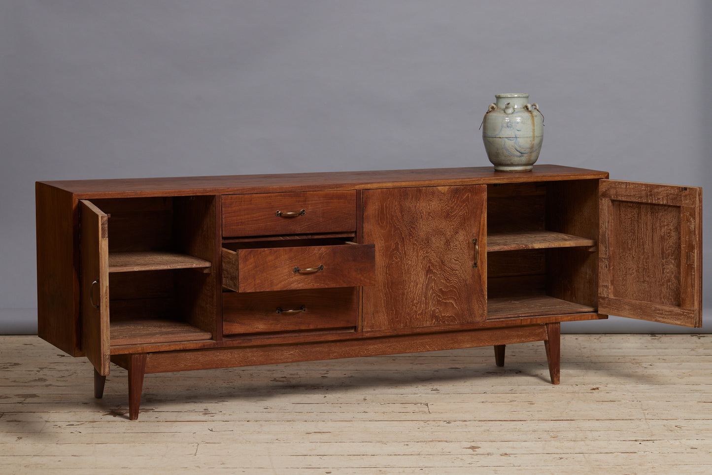 Mid Cent. Modern 3 Door 3 Drawer Teak Console from Java