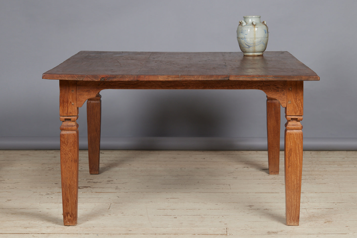 Unusual 3 Board Dutch Colonial Teak Dining Table with Square Tapered Legs
