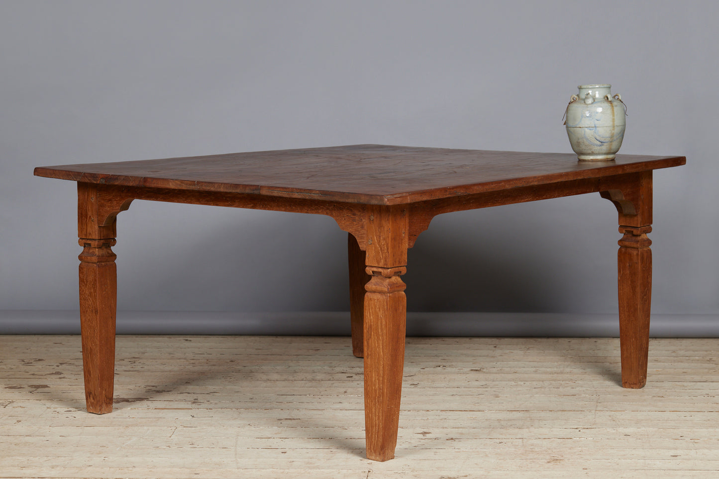 Unusual 3 Board Dutch Colonial Teak Dining Table with Square Tapered Legs