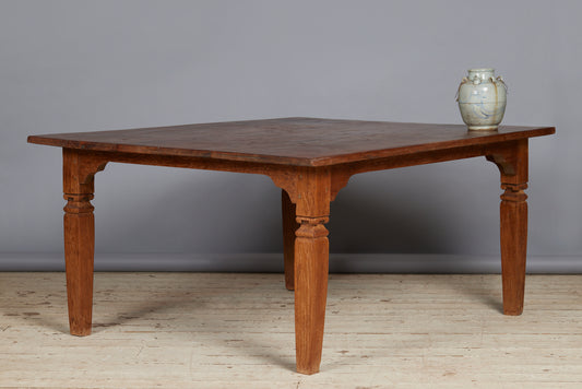 Unusual 3 Board Dutch Colonial Teak Dining Table with Square Tapered Legs