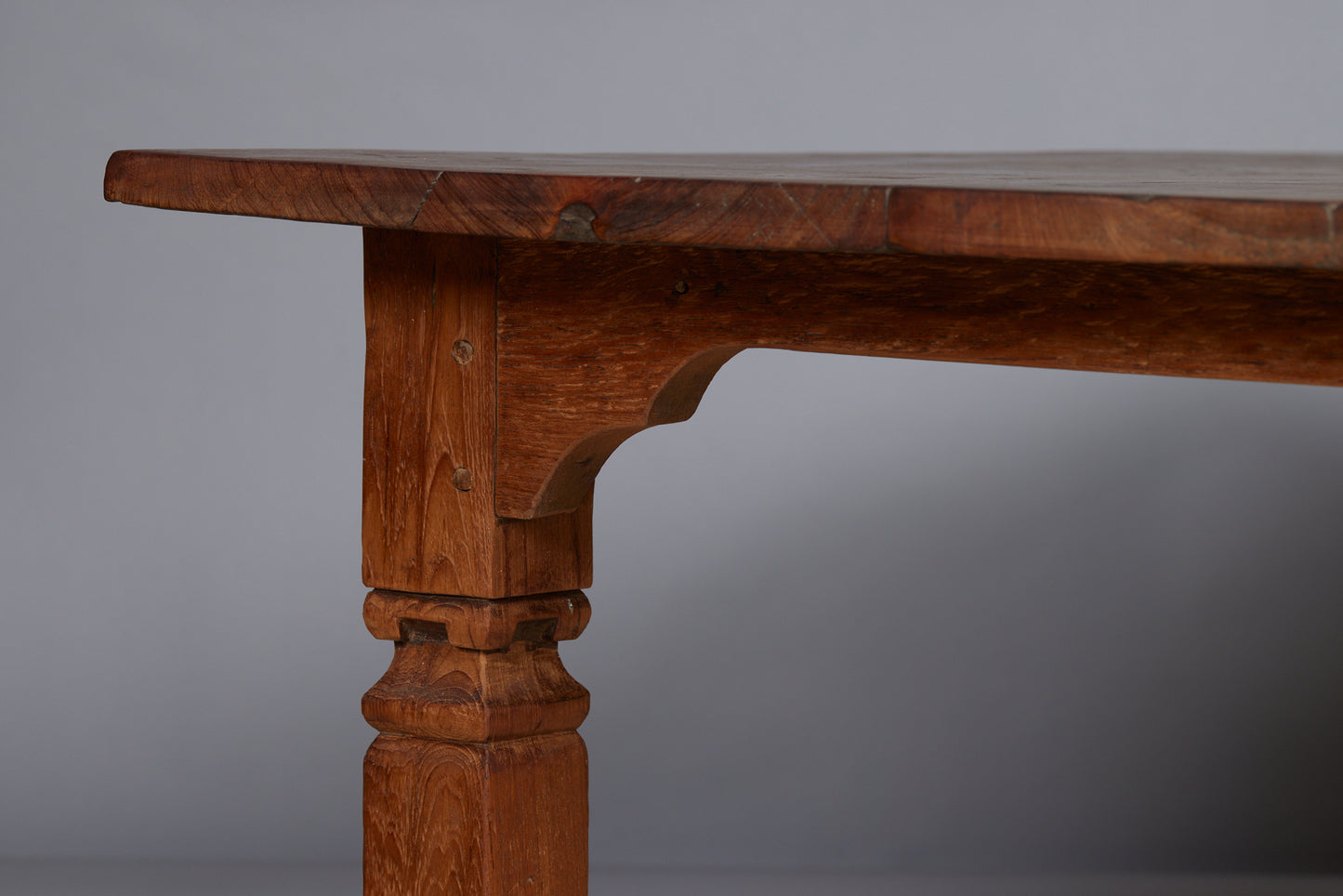 Unusual 3 Board Dutch Colonial Teak Dining Table with Square Tapered Legs