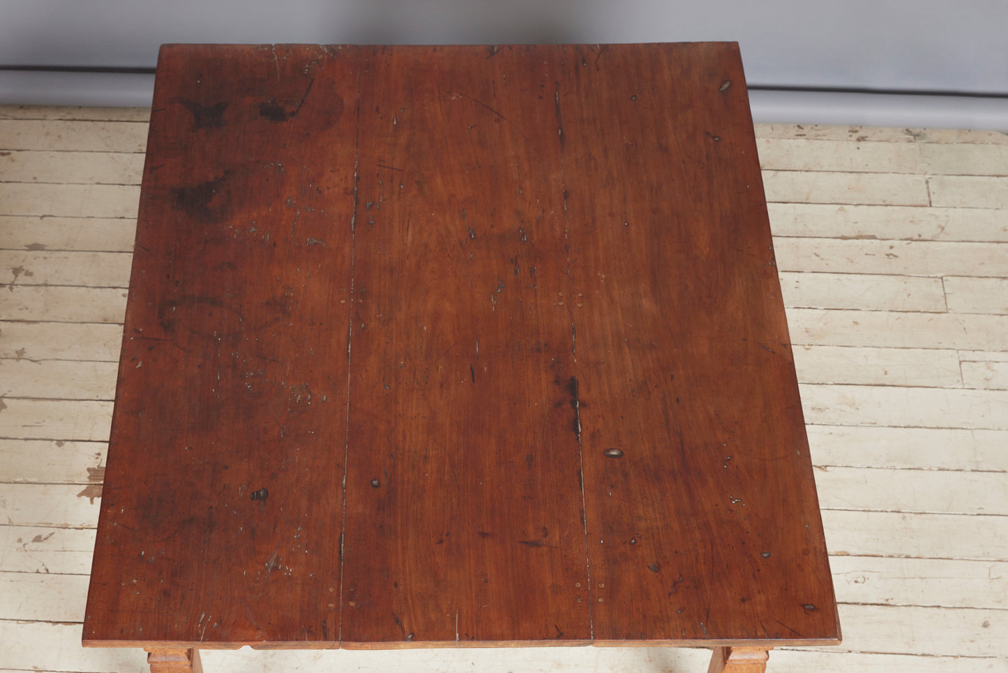 Unusual 3 Board Dutch Colonial Teak Dining Table with Square Tapered Legs