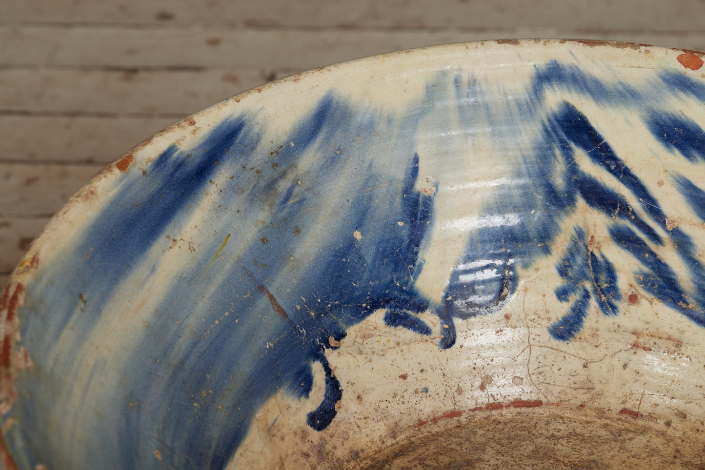 Unusual 18th Cent. Spanish Lebrillo Bowl with a Blue and Cream Fiance Decoration