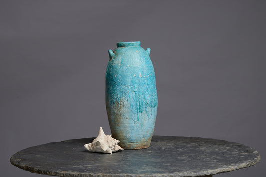 Extra Large Blue and Green Glaze Borneo Storage Pot with Two Applied Handles