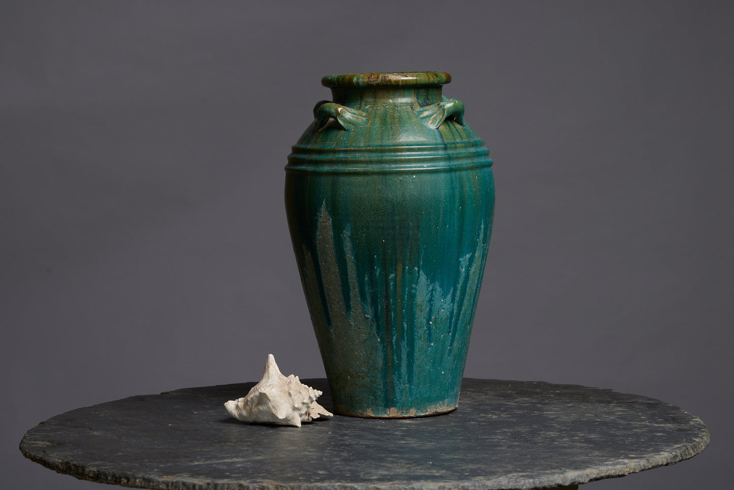Large Green Glaze Borneo Pot with a Banded Shoulder and Applied Handles