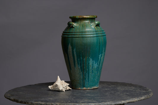 Large Green Glaze Borneo Pot with a Banded Shoulder and Applied Handles