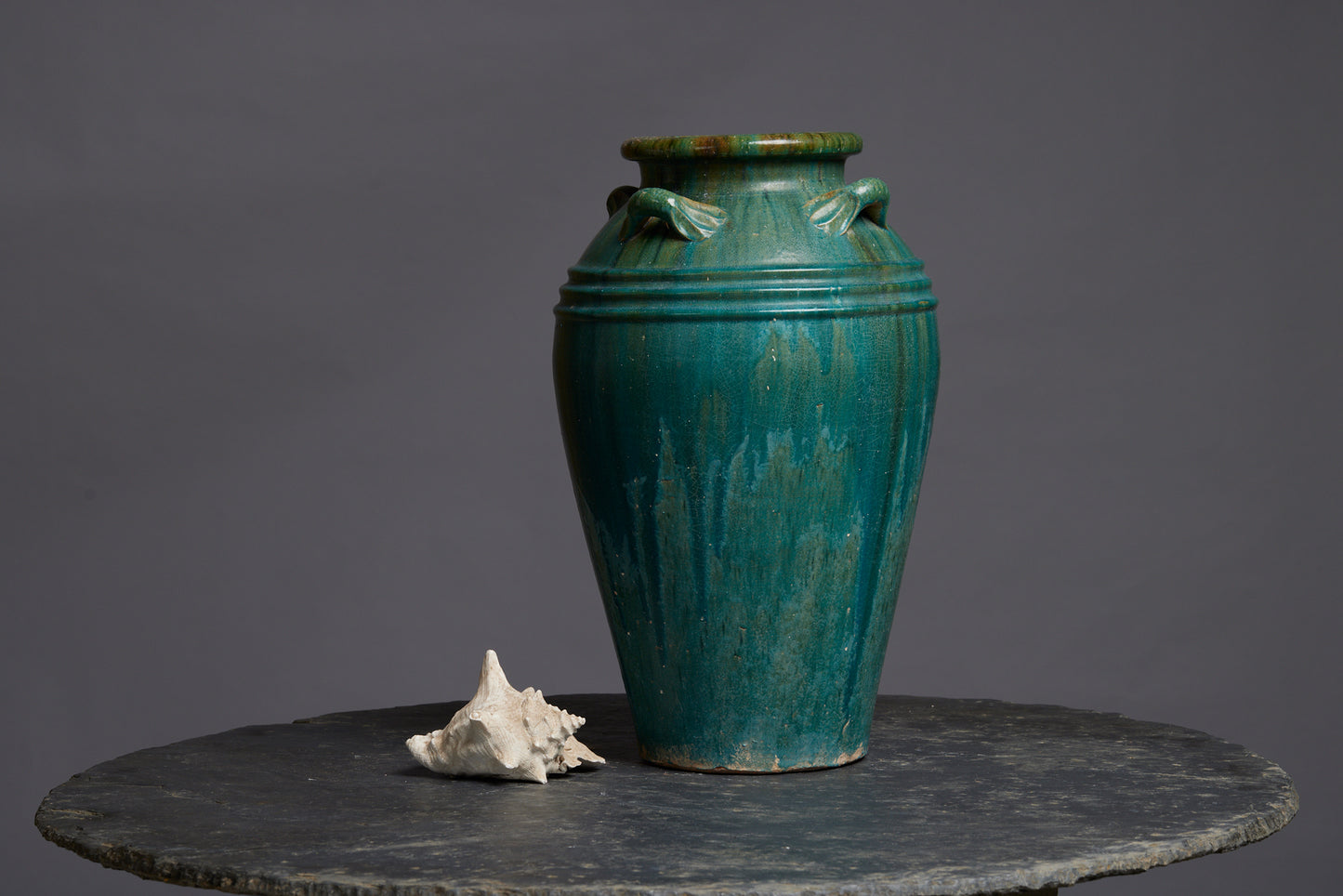 Large Green Glaze Borneo Pot with a Banded Shoulder and Applied Handles