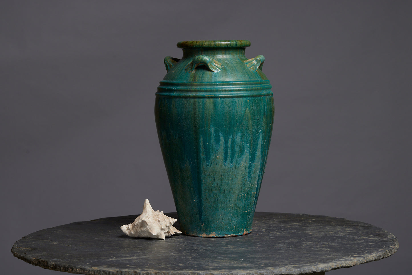 Large Green Glaze Borneo Pot with a Banded Shoulder and Applied Handles