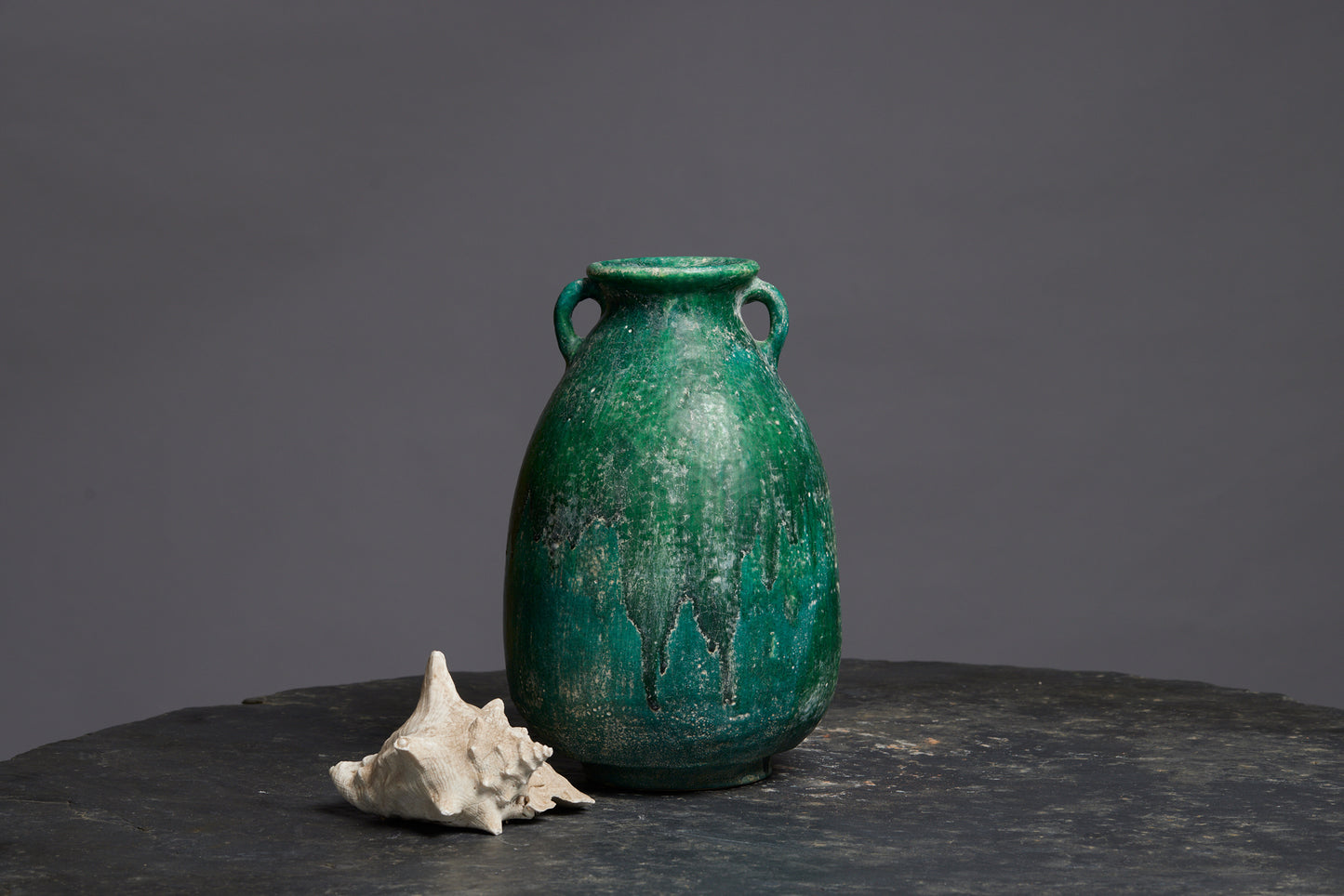 Small Dark Green Glaze Jar with Two Applied Handles