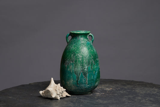 Small Dark Green Glaze Jar with Two Applied Handles