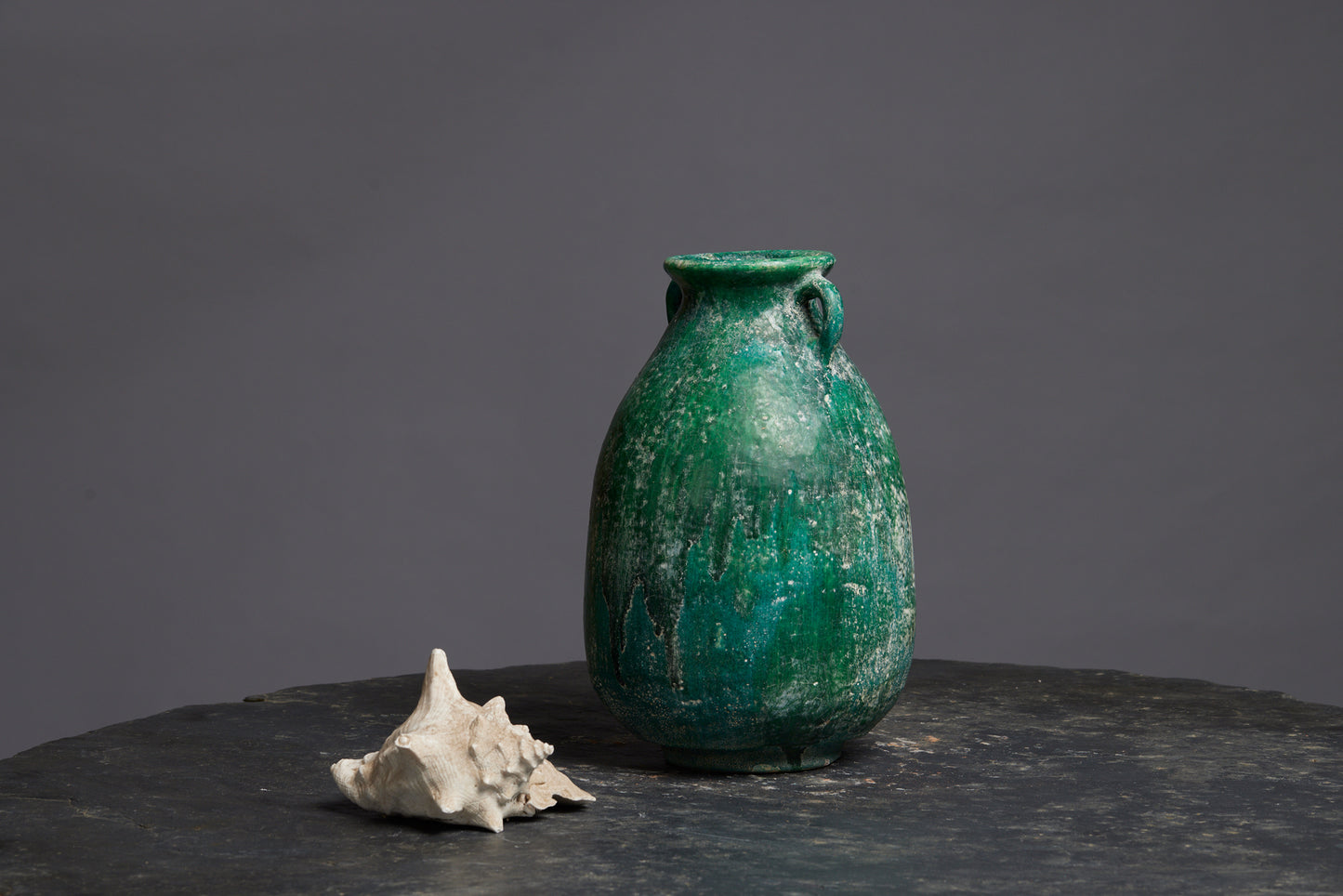 Small Dark Green Glaze Jar with Two Applied Handles