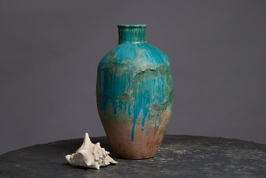 Tall Green Blue Glaze Storage Pot