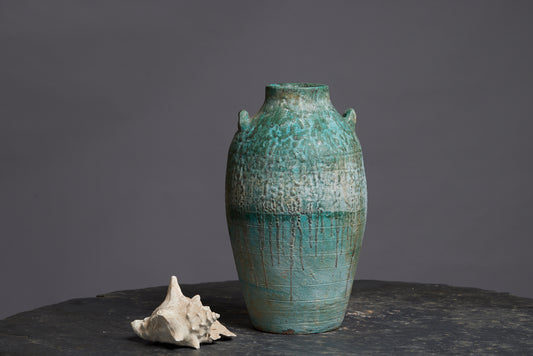 Large Blue Green Borneo Storage Pot with Applied Handles