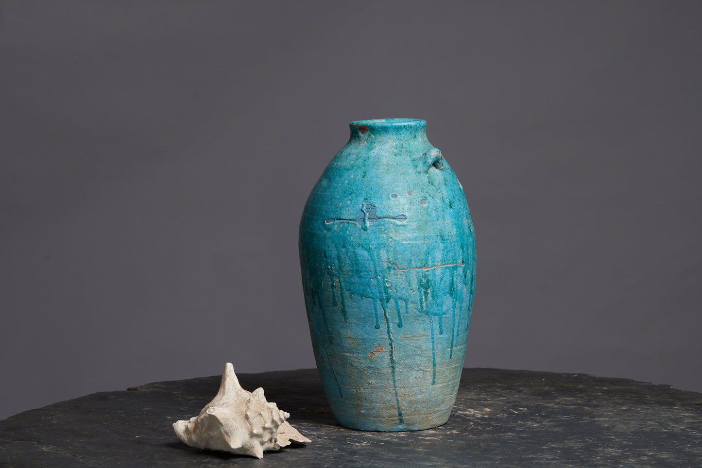 Large Blue Green Borneo Storage Pot with Two Applied Handles
