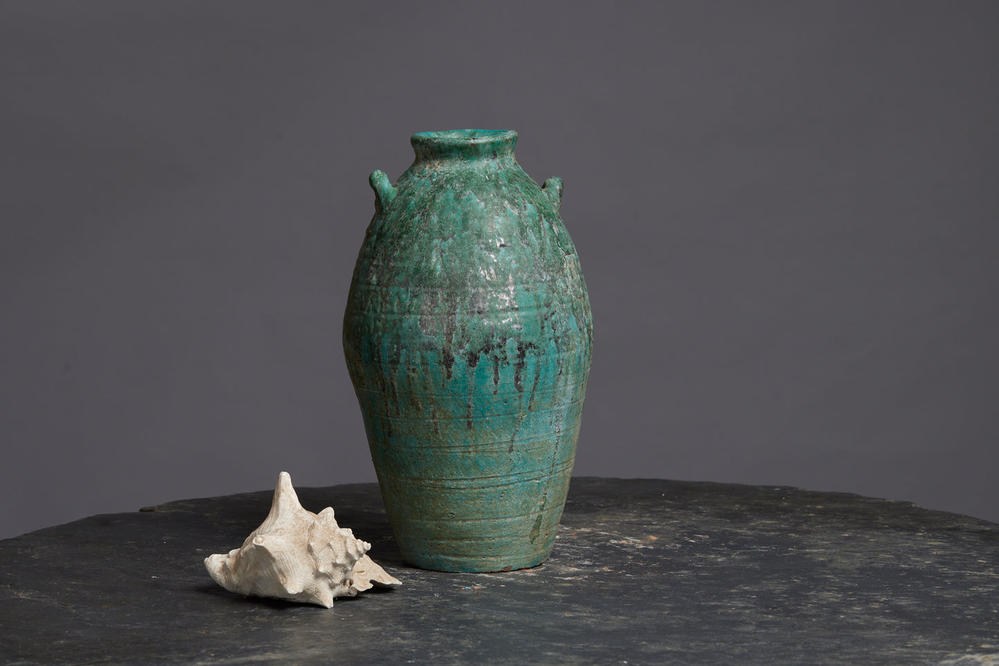 Large Blue Green Glaze Borneo Storage Pot with Two Applied Handles