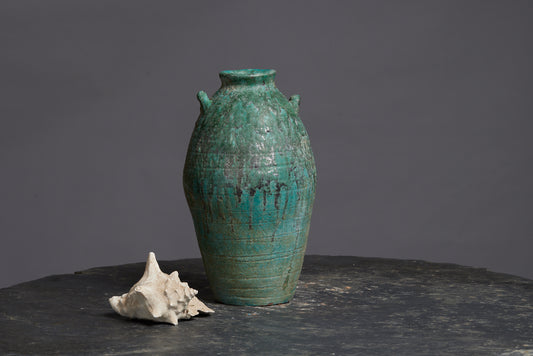 Large Blue Green Glaze Borneo Storage Pot with Two Applied Handles