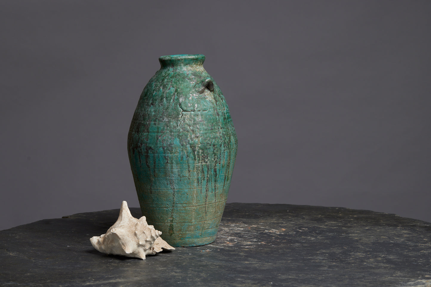 Large Blue Green Glaze Borneo Storage Pot with Two Applied Handles