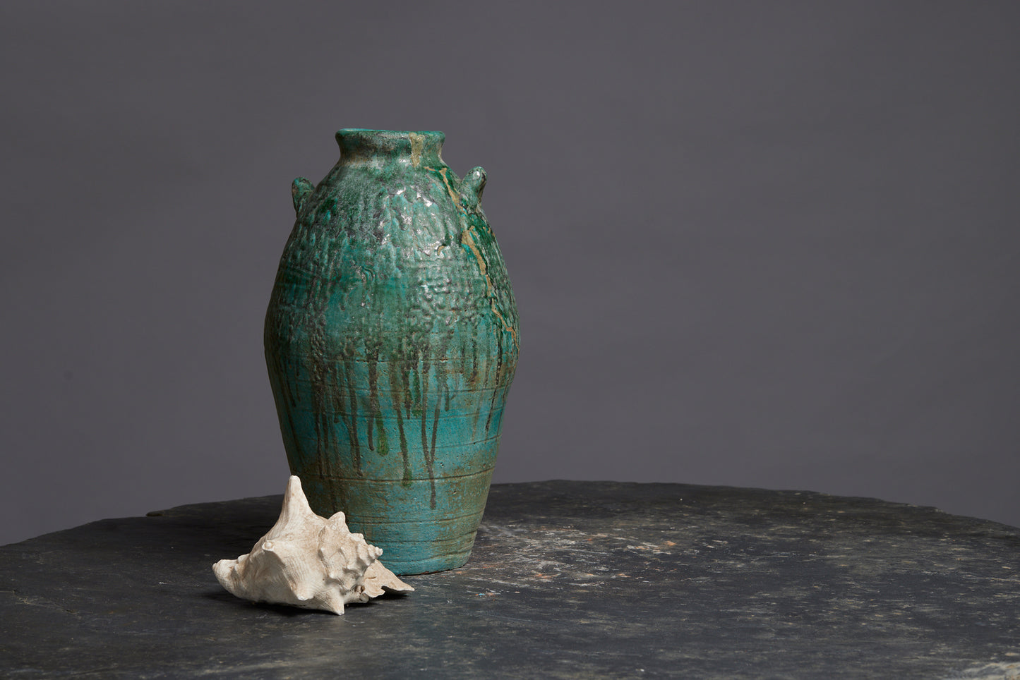 Large Blue Green Glaze Borneo Storage Pot with Two Applied Handles