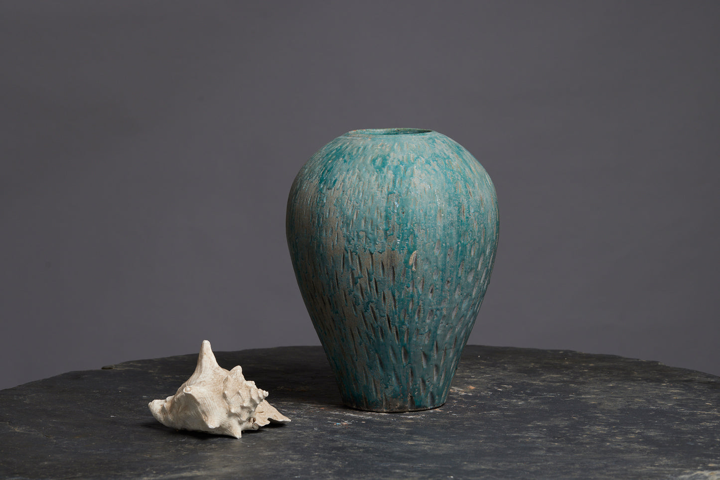 Blue Green Glaze Ovoid Vase from Borneo with a Slight Sgraffito Decoration